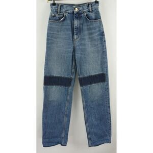 Sandro Paris Women's US 24 x 29 Medium Blue High Rise Knee Patch Straight Jeans